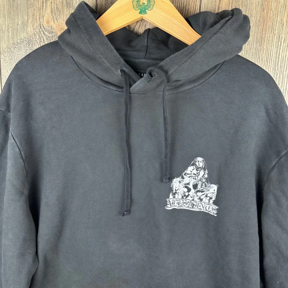 AllSaints Troglodyte LS Hoody Black Graphic Sleeve Pullover Hoodie Mens Large